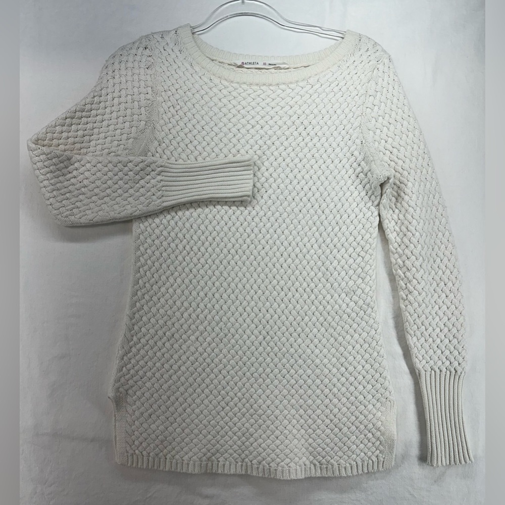 Athleta Cream Crew Neck Cypress Wool Basket Weave Sweater‎ Size XS